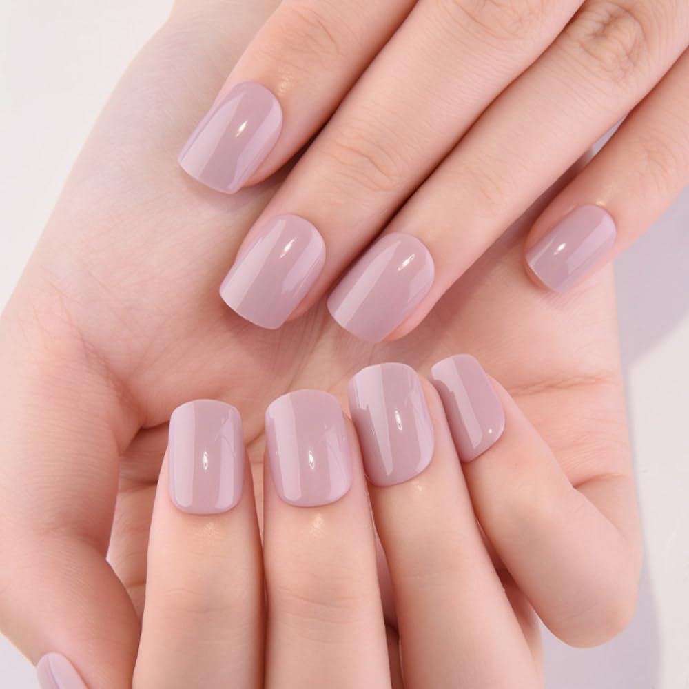 evpct Mauve Pink Glossy Press on Nails Short Square, Glossy Mauve Fake Nails Summer Reusable, Acrylic False Nail Stick on Press ons for Women Gifts,