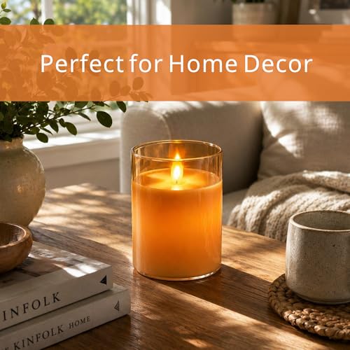 Image of LTETTES Real Wax Led Candle with Glass Cup | Flameless Flickering Wick | Amber Glass Finish | Battery Operated with Remote Controller | Decorative Candle for Home, Festival & Gifting | D-3 inch x H-4 inch