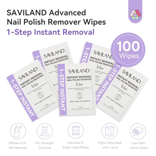 SAVILAND Advanced Nail Polish Remover Pads: 100 PCS Nail Polish Remover Wipes Super-sized 1-Step Instant Removal For Nails Pad Non-Irritant Individually Wrapped Pads For Salon Use