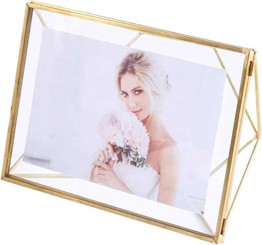 6x8 Floating Picture Frame – Family Photo Display for Desk or Wall, Geometric Home Decor Double Glass & Brass Metal (6x8”)
