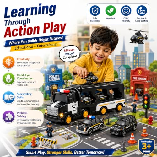Image of Police Truck Toy for Kids, 5-in-1 Police Vehicle Set with Friction Powered Transport Truck, Mini Army Cars, Lights & Music, Educational Toy Gift for Boys & Girls Age 3+