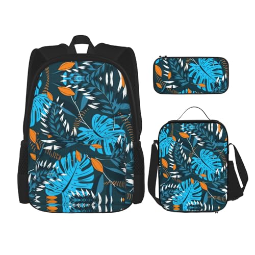 Summer Tropical Leaves Print 3 Piece Set Backpack, Lunch Bag, Pencil Case, Cute Sturdy For College And Travel