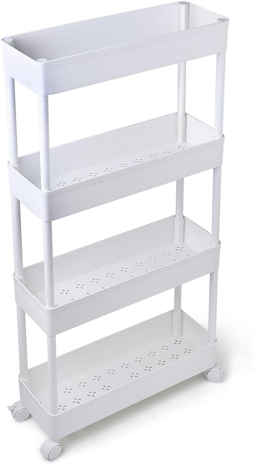 Sikobin Narrow Bathroom Storage Cart for Small Space Organization,Slim Rolling Storage Cart with Wheels,White Shelves as Laundry Room Organizer, Washroom Organizer,Kitchen Organizer
