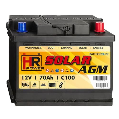 HR Solar AGM Versorgerbatterie 12V 70Ah | Solaranlage Batterie | Wartungsfrei und auslaufsicher | für Camping, Boote, Windkraft | Abmessungen 242 x 175 x 190mm | Deep-Cycle Batterie