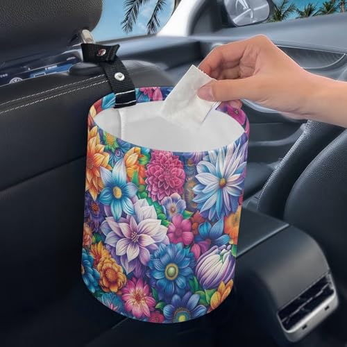 Image of Hanging Portable Car Boho Flower Print Multipurpose Car Accessories Interior Universal Collapsible Back Seat, Front Console, Floor, or Hanging Headrest Waste Basket