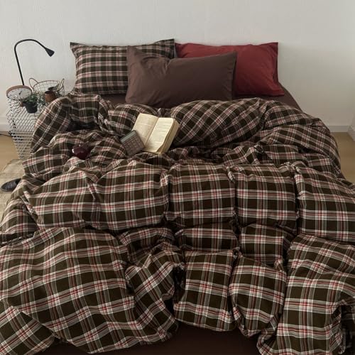 Image of Plaid Duvet Cover Queen Size Red Brown Gingham Duvet Cover Set Vintage Checkered Grid Soft Lightweight Microfiber Bedding Set with Zipper Closure and 2 Pillowcases (No Comforter)