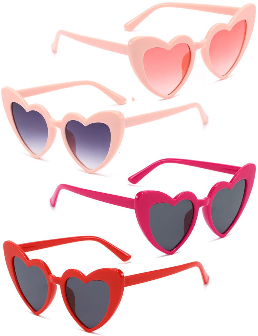 Ricawa 4 Pack Valentines Heart Shaped Sunglasses - Trendy Cat Eye Love Glasses, Vintage Retro Sunglasses for Women