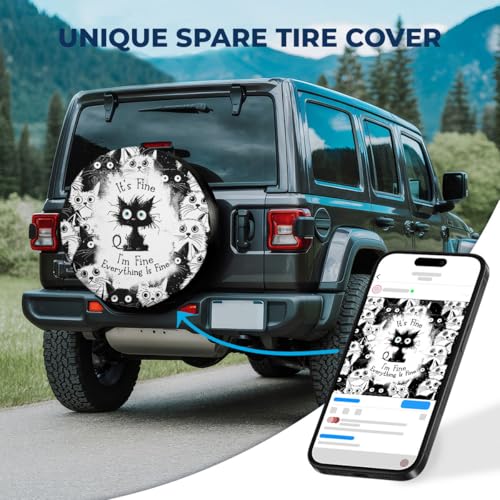 Image of GENANY Black Cat Pattern Spare Tire Cover for RV Trailer, Waterproof, No Camera Hole, Size 17 Fits 31-33 Inch