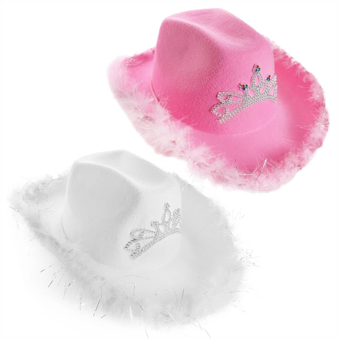 Pink & White Fluffy Cowgirl Hats Pack of 2 with Tiara & Marabou Hen Party