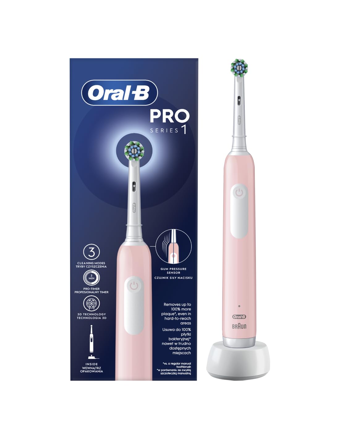 Oral-B Pro Series 1 - Cepillo de dientes eléctrico, fabricado en tecnología Braun, 1 cepillo de dientes, 3 modos, color rosa