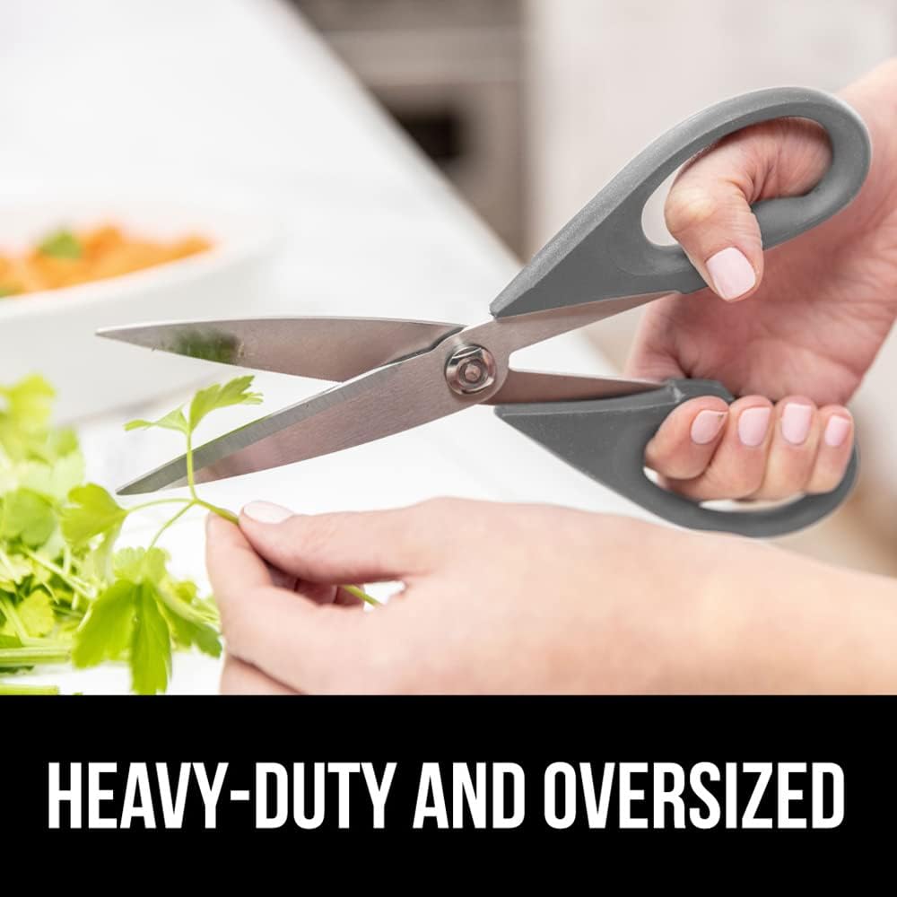 Gorilla Grip All Purpose Food Kitchen Shears, XL, 2 Pack, Heavy Duty, Stainless Steel Sharp Blades, Comfortable Handle Scissors with Blade Guard, Cutting Tool, Cut Meat, Poultry, Vegetables, Gray