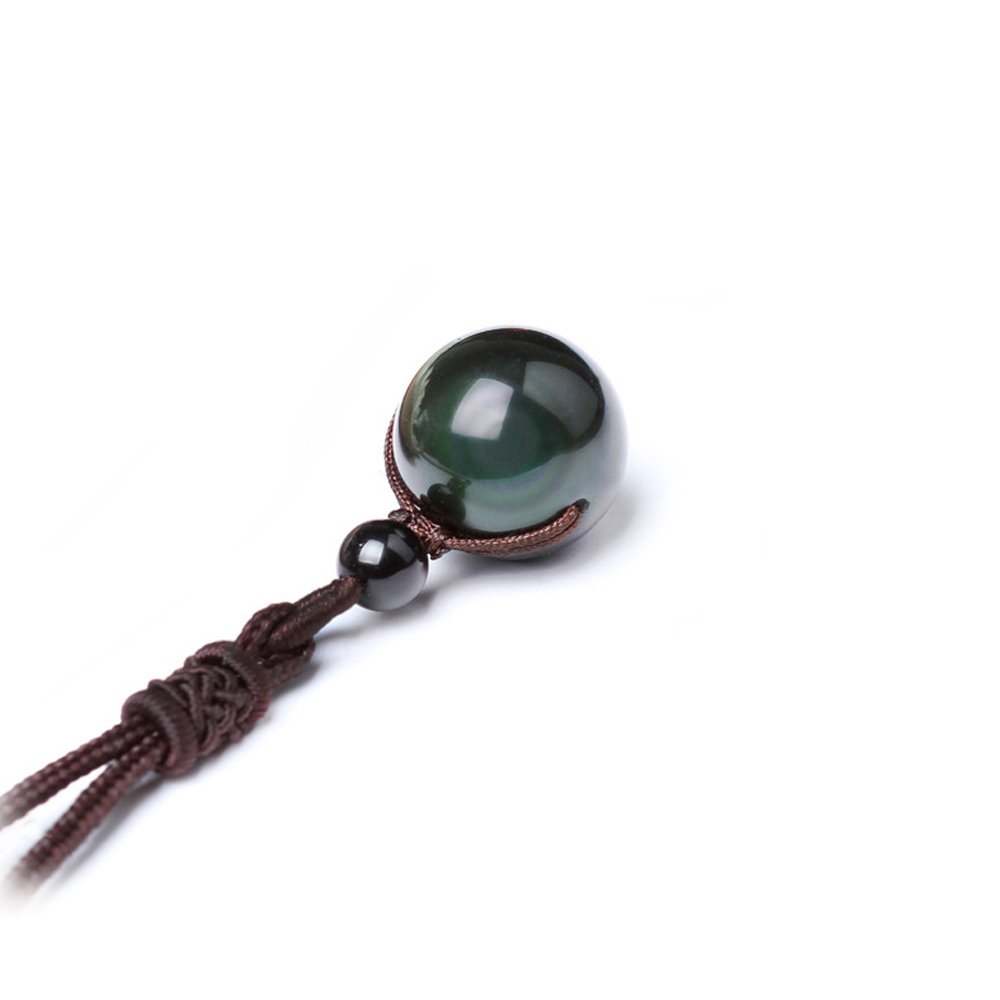 Natural Black Obsidian Rainbow Eyes Stone Necklace Pendant, 16mm Obsidian Bead with Woven Cotton Chain, Talisman Dedication of Wellness and Wealth