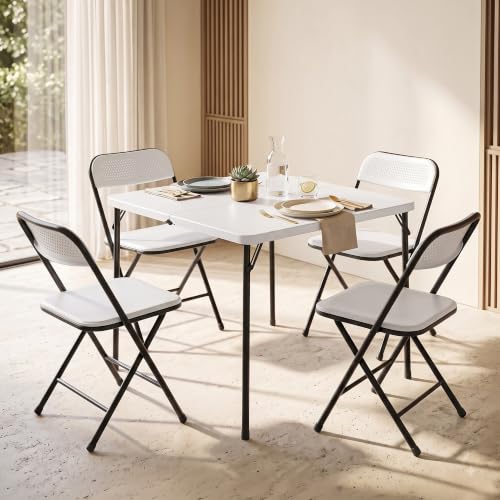 Image of DROGO Azura Foldable Dining Table Set of 4 Chairs for Home | Waterproof PP Tabletop with Metal Frame | Lightweight & Skidproof | Portable Picnic Table for Home, Garden, Camping, Outdoor (White /Black)