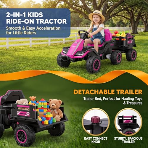 Image of Hikole 24V Ride on Toys Tractor for Kids 3+ w /Trailer, Electric Car, Pink