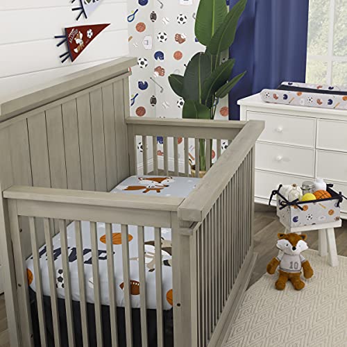 Image of NoJo Team All Star Light Blue, Grey, & Orange, MVP Fox & Raccoon Sports Theme with White Stars Photo Op 100% Cotton Fitted Crib Sheet, Light Blue, Grey, Orange
