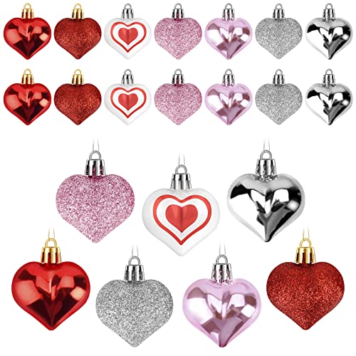 Heart Ornaments for Valentines Day Decorations, Valentines Decor for Tree, 30 Pcs Heart Shaped Ornaments for Home Decorations, 7 Styles
