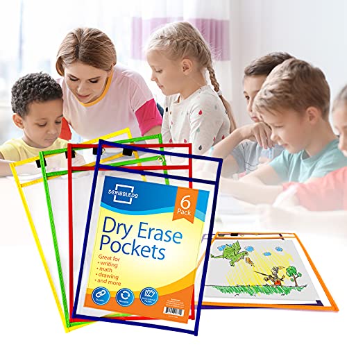 Scribbledo Dry Erase Pockets, 6 Pack Reusable Dry Erase Sleeves with Marker Holder, Colorful Dry Erase Pocket Sleeves for School or Work, Assorted Colors Sheet Protectors and Ticket Holders