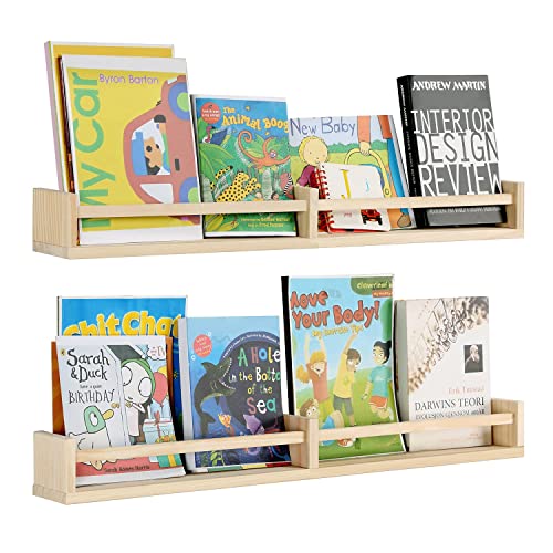 Image of Nursery Bookshelves,32Inch, Floating Nursery Shelves - Set of 2 -Book Shelf Organizer for Baby Nursery Room Decor, Wall Shelves for Kitchen Spice Rack, Pine