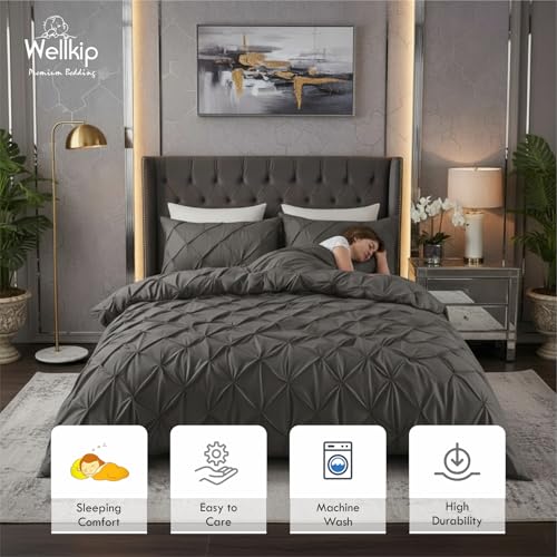 Image of Pinch Pleated Duvet Cover Set 1000TC 100% Cotton Premium 3-Pieces 1-Duvet Cover & 2-Pillow Cover Luxury Look Home and Hotel Zipper & 8-Tie Closure (Dark Grey, Double 90 X 100 Inch)