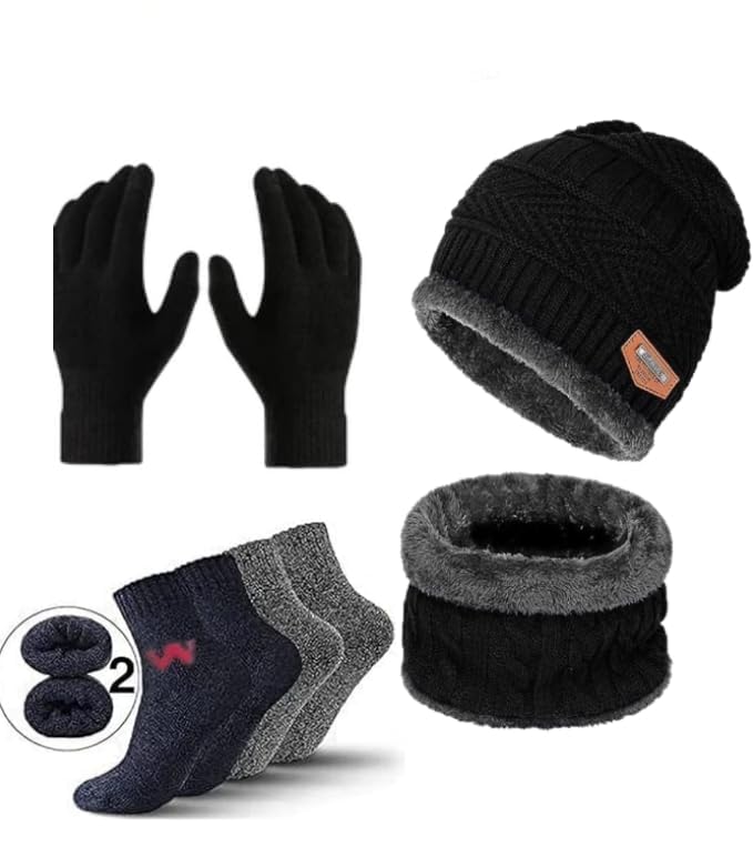 Winter Woolen Beanie Cap, Neck Muffler, 1 Pair Gloves & 2 Pairs Socks – Unisex Warm Winter Combo Set (BLACK)-image-44