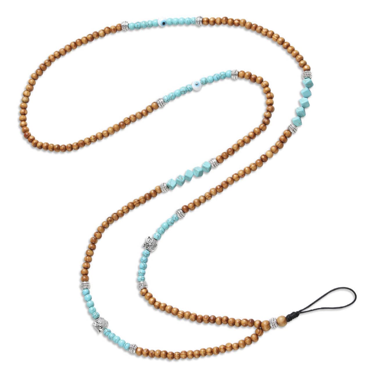 Bohemian style beads phone accessories, sturdy and heavy duty for everyday use,long crossbody strap, anti loss mobile accessory. (Turquoise wood Owl)