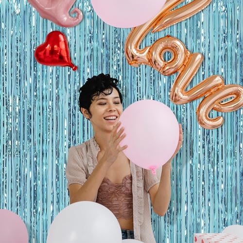 Image of 5 Pack Blue Fringe Backdrop 3.2ft x 8.2ft Foil Curtain Tinsel Foil Fringe Curtains Photo Booth Props for Mermaid Birthday Under The Sea Party Decorations Teal Blue Tinsel Backdrop Streamers (Blue)