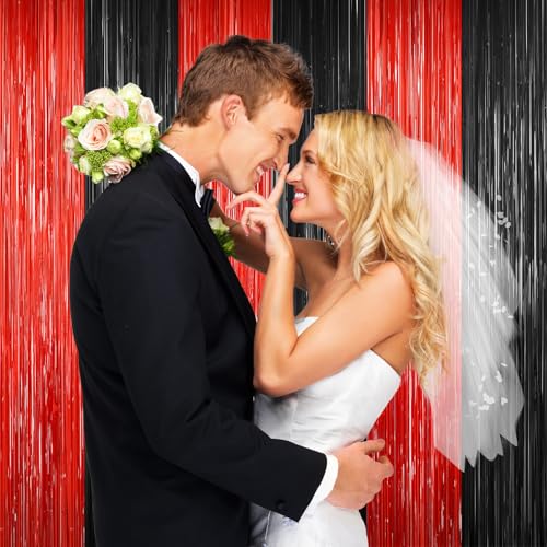 Image of 2Pack Black Red Backdrop Curtains Party Decor, Door Streamers Photo Booth Backdrop Metallic Party Streamer Tinsel Foil Fringe Curtains Backdrop Halloween Baby Shower Bachelorette Xmas Party Decors