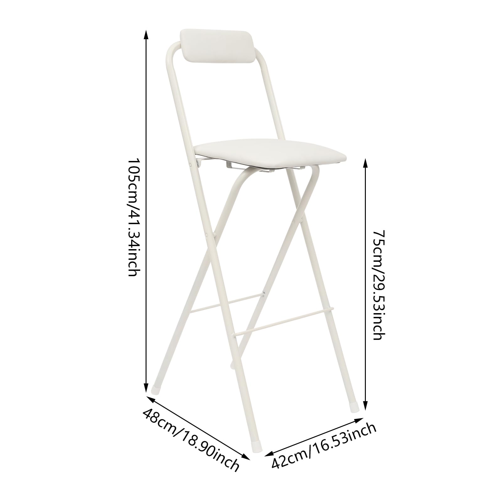 Tabouret de bar portable - Chaise haute pliable - 75 cm - Avec dossier - Tabouret pliable rembourré - Pour bar, café, cuisine - Charge maximale : 125 kg - Blanc