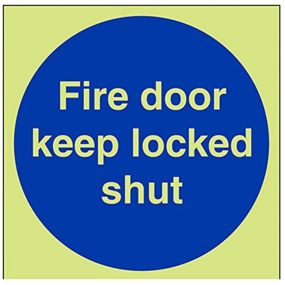 V Safety Glow In The Dark Fire Door Keep Locked Shut Sign - 200mm x 200mm - Rigid Plastic