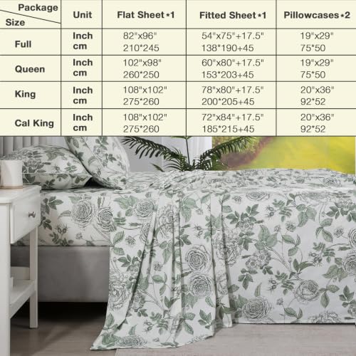 Image of Vintage Green Floral Percale Sheets California King, Deep Pocket | 100% Cotton Cream White Toile Sheet Set, Neutral Patterned Shabby Chic Peony Bed Sheets, Cottagecore Bedding, Farmhouse, 4Pcs