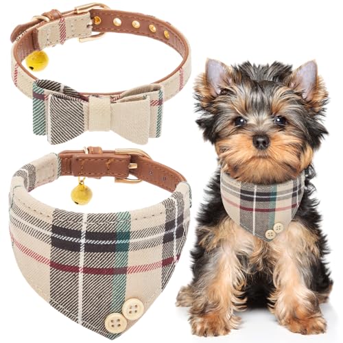 Image of EXPAWLORER Cute Dog Collar - 2 Pack Classic Plaid Puppy Bow Tie and Bandana Cat Collar with Bell, Adjustable for Small Medium Large Pets Holiday Ideal Gift, S