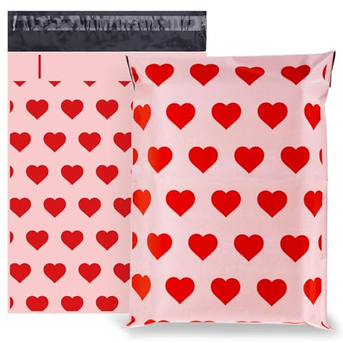 JarThenaAMCS 100Pcs Valentine’s Day Poly Mailers 10 x 13 Inch Red Hearts Packaging Bags Waterproof Self Seal Mailing Envelope Bags for Small Business Boutique Clothing Documents Gifts