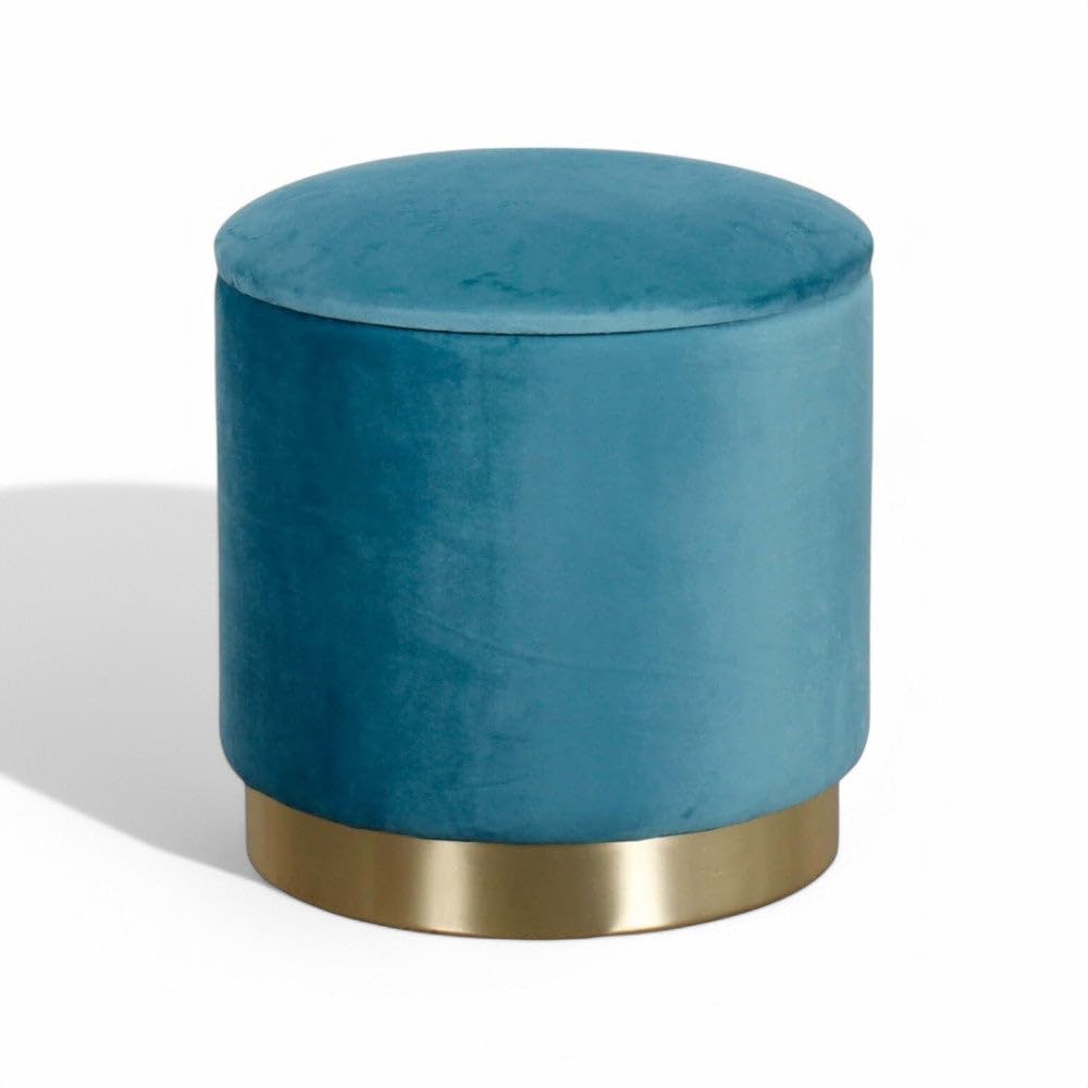 Pouf Contenitore Rotondo in Velluto Ottanio con Diametro 37xH40 cm