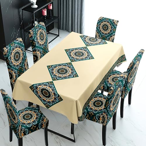 Image of Styleys Dining Table Cover 6 Seater Waterproof with Chair Covers | Table Cover Cloth | Dining Table Cover Cloth Combo - 1 Table Cover + 6 Chair Cover, Beige & Green Mandala, XKFSZB-24