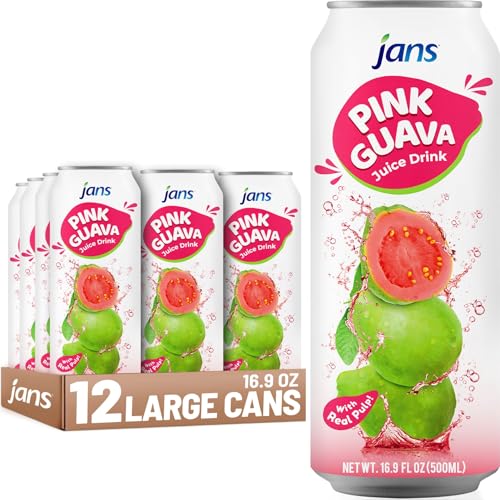 Jans Pink Guava Juice with Pulp – 16.9 oz Cans (Box of 12) | Guava Juice No Sugar Added | Guava Nectar Drink Fat-Free, Cholesterol-Free, Refreshing Taste of the Tropics