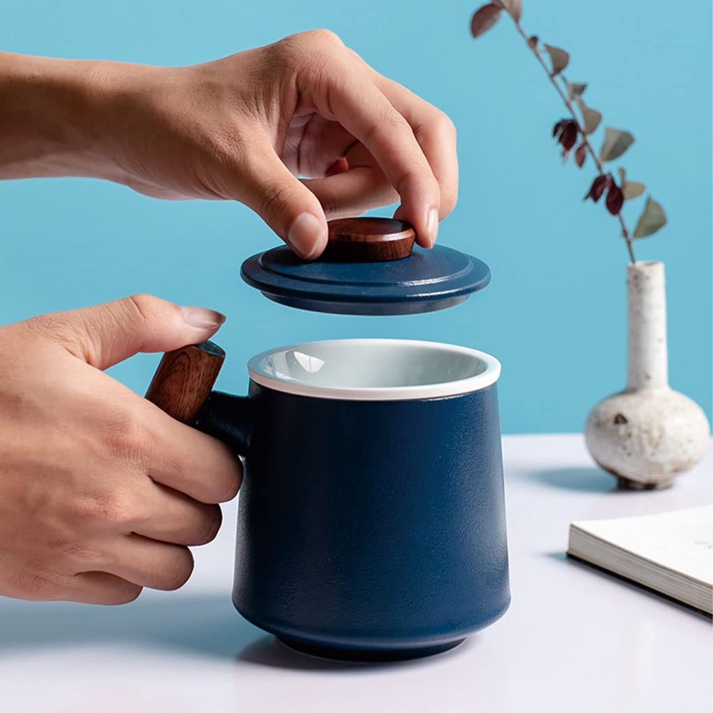 HSQMA Teebecher Mit Deckel, Keramik Teetasse Mit Deckel Porzellan Sieb Becher Aus Steinzeug Für Losen Tee Oder Teebeutel 400ml Keramik Teetasse Mit Holzgriff (Color : Blue)