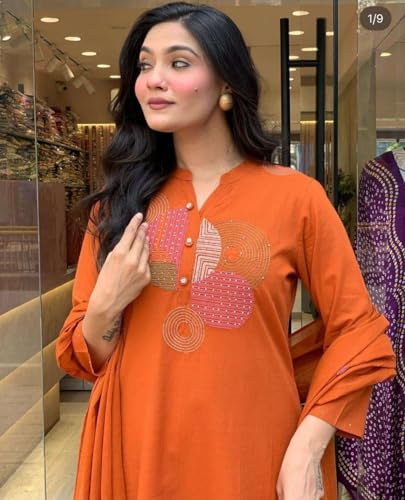 Image of Mehraj Online Store Women's Cotton Embroidery Straight Kurti Pant With Dupatta Set