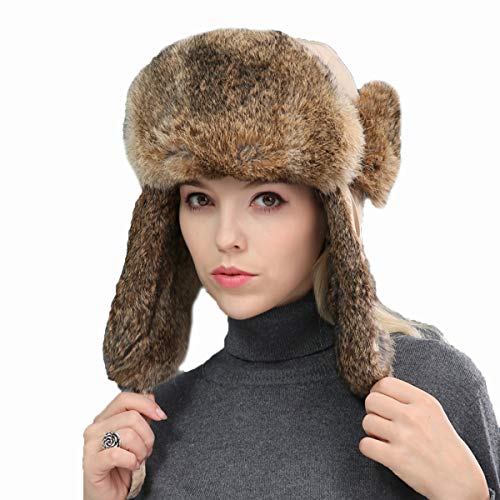 DTLDYG Vraie Fourrure de Lapin Chapeau Chapkas pour Hommes Femmes Hiver Chaud (Kaki Clair, Taille de La tête=57-58cm)