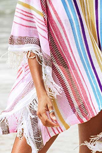 CUPSHE Women's Crochet Beach Bikini Cover Up Colorful Strip Tassels V Neck Drop Shoulde 3/4 Sleeve Loose Waisted Mini Length3