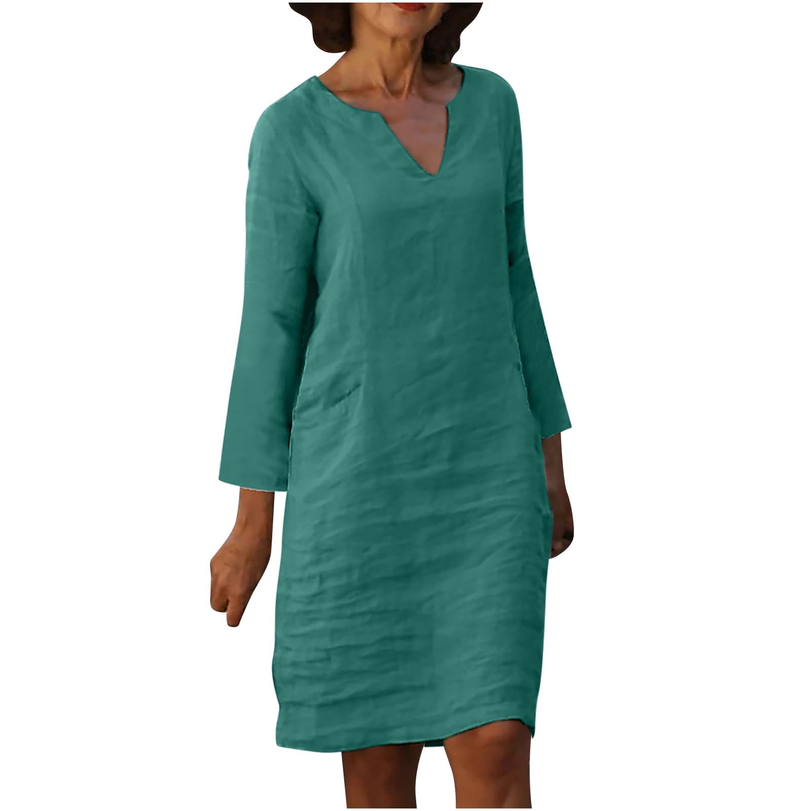 Generic Vestido largo de manga corta para mujer, vestido floral para mujer, cuello en V, lino, playa, hawaiano, vestido midi de otoño y verano 2024
