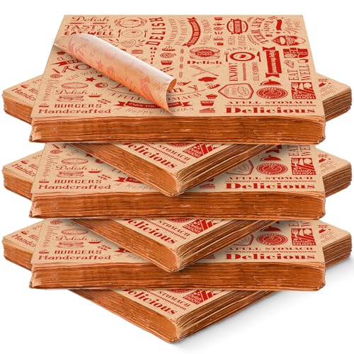 Outus 600 Pcs 12 x 12 Inch Deli Wax Paper Sheets, Red on Brown
