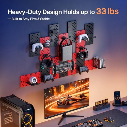Image of PEGZONE Controller and Headphone Holder Wall Mount, Modular Gaming Pegboard with Accessories, Controller Stand for Xbox PS5 PS4 Switch, Video Game Storage, Disc Shelf, 14pcs Pegboard, Black & Red