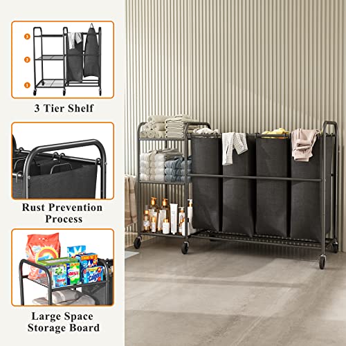 Wisdom Star 4 Bag Laundry Sorter Cart With Storage Shelf, Laundry Hamper Sorter With Rolling Wheels And Removable Bags For Clothes Storage,Laundry Organizer Basket Laundry Clothes Hamper, Black #TOP4