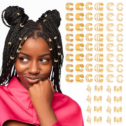 Tyqour 64pcs Hair Cuffs for Braids, Gold Hair Jewelry, Adjustable Hair Rings, Braid Clips, Hair Braid Accessories for Girls & Women Braids Hairstyle Decoration