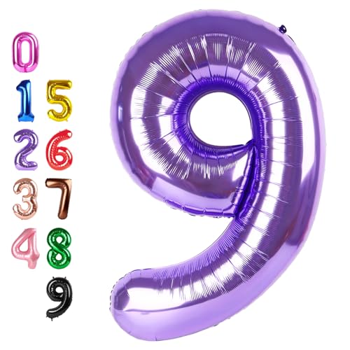 Image of Number Balloons Purple 9 Balloon 40 inch for 9th Birthday Party Decorations | Saturated Color, Large 40 in, With Straw & Hanging Hole, For Back-to-School Season, Wedding, Christmas, New Year, Anniversary