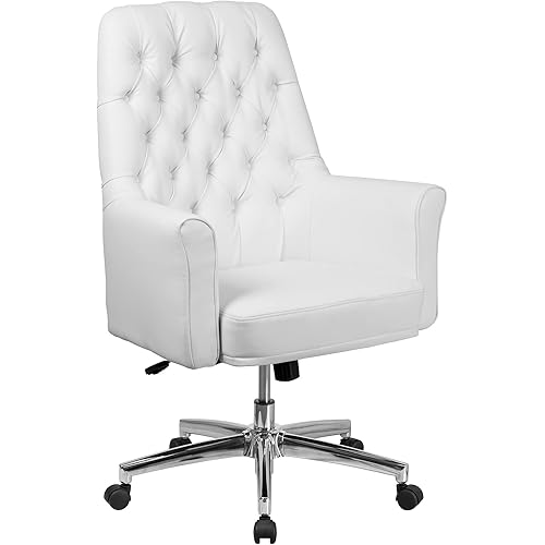 Flash Furniture Hansel Mid-Back Traditional Tufted White LeatherSoft Executive Swivel Office Chair with Arms
