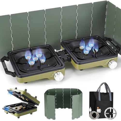 2-Burner Portable Propane Camping Stove with Windshield, 30000 BTU Foldable Gas Stove with Independently Adjustable Heat Coffee Stand & Carry Bag, Gas Stove for Cooking, Tailgating, Camping Essentials