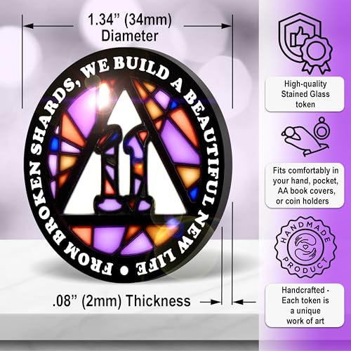 Image of Stained Glass 11 Year AA Chip Sobriety Coin Medallion, Fragments to Freedom Alcoholics Anonymous Addiction Recovery Anniversary Token, Inspirational Sober Gifts for Men and Women by the Token Shop