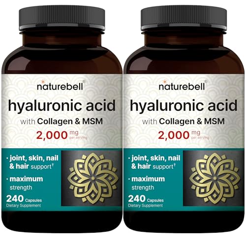 NatureBell 2 Pack Hyaluronic Acid Supplements 2,000 mg | 480 Total Capsules, with MSM & Hydrolyzed Bovine Collagen – 3 in 1 Support for Skin Hydration, Joint Lubrication, Hair, and Eye Healt
