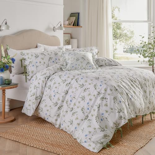 Wylder Nature Set copripiumino Meadow – Biancheria da letto floreale in 100% cotone con chiusura a fiocco (Bianco/Fiordaliso - Matrimoniale)